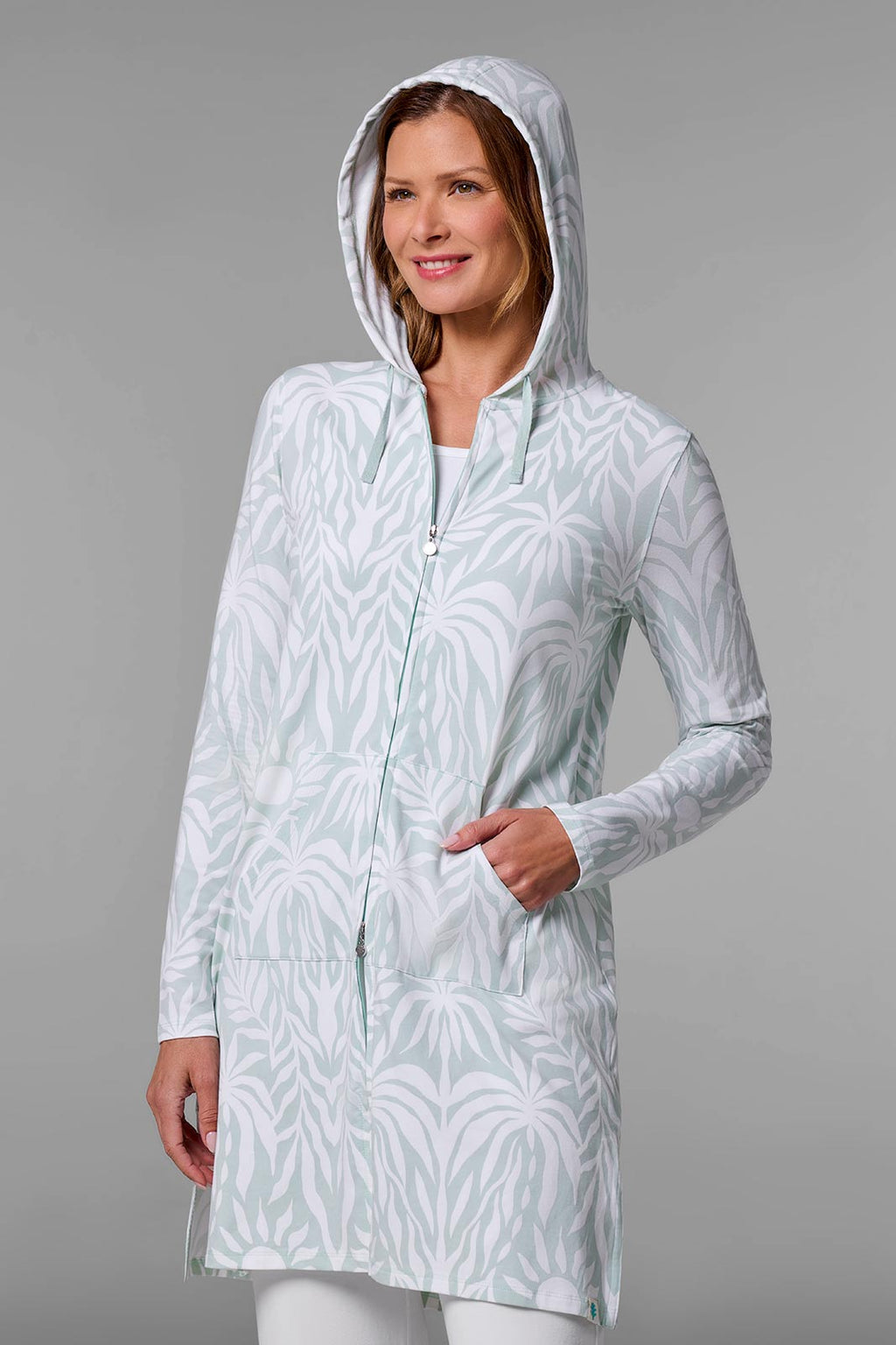 Cabana | Women's Long Zip-Up Hoodie | Misty Aqua American Palm