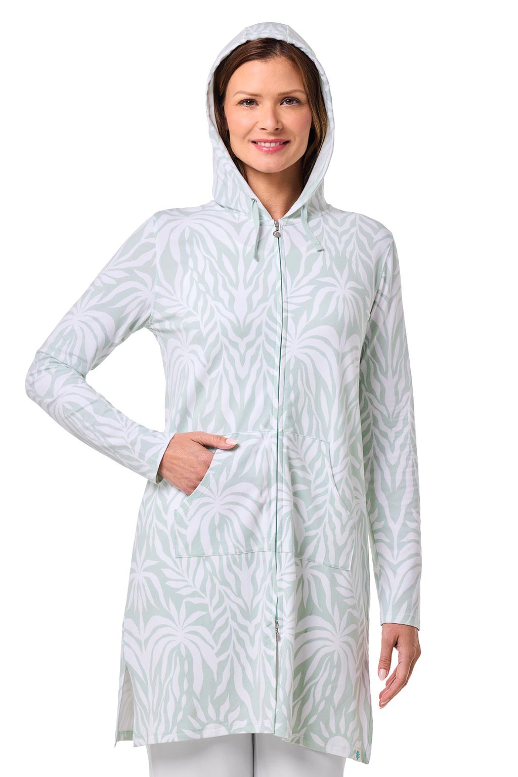 Cabana | Women's Long Zip-Up Hoodie | Misty Aqua American Palm